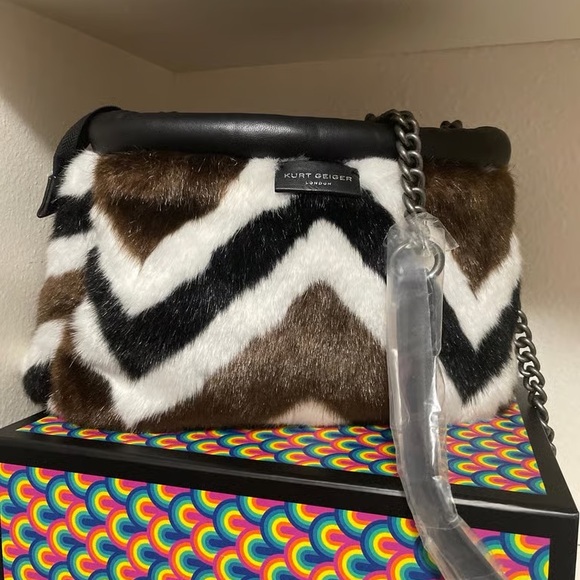 Kurt Geiger Handbags - Kurt Geiger Black and Brown Chevron Faux Fur Crossbody Bag